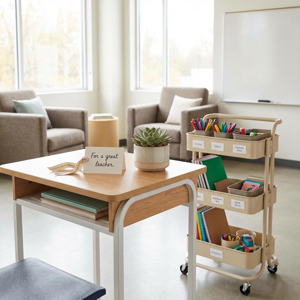 Teacher desk with gifts