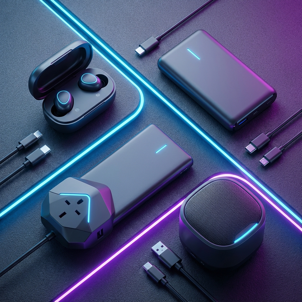 Tech gadgets flat lay