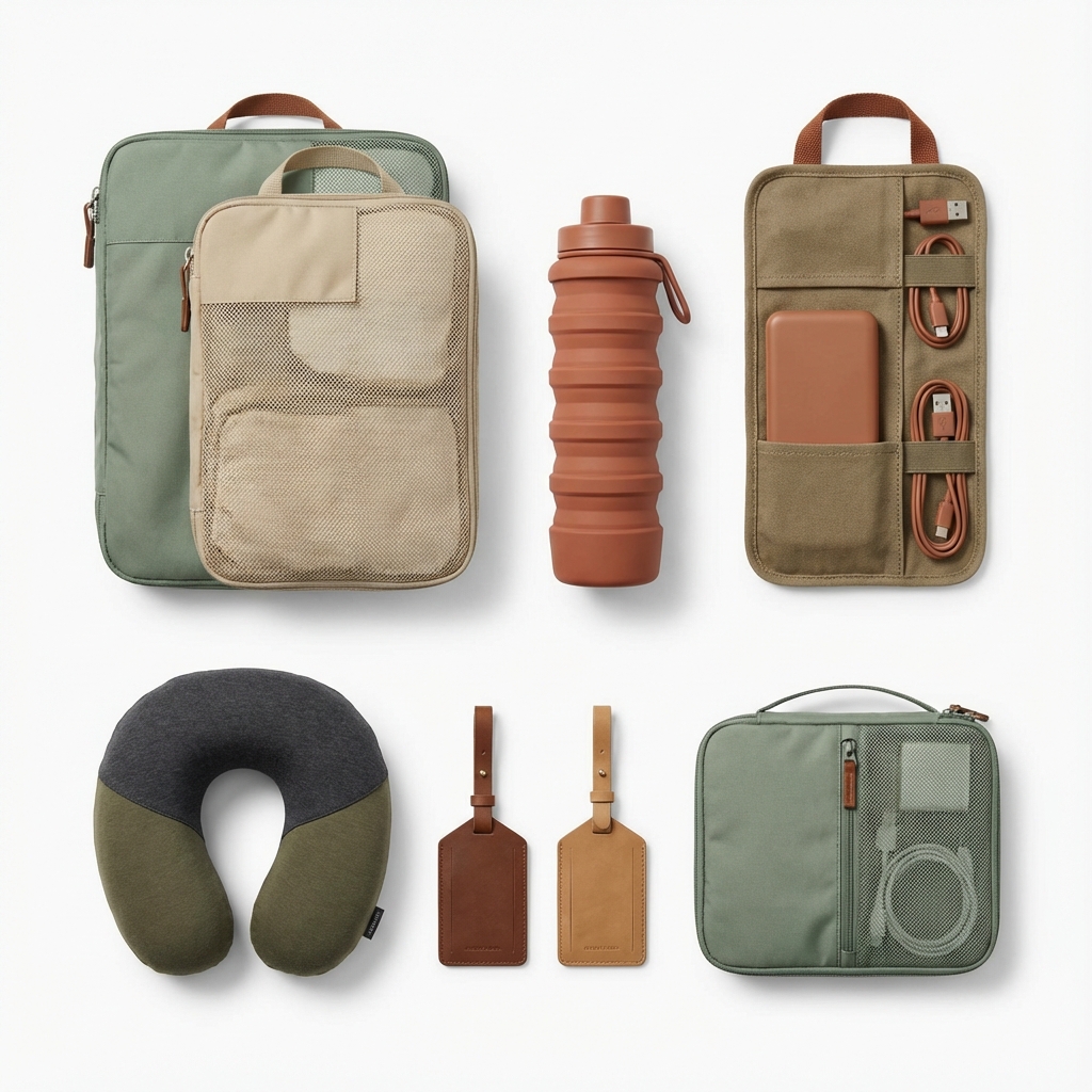 Travel gadgets flat lay
