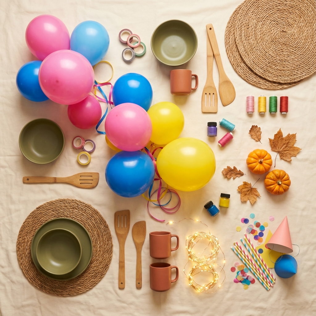 Colorful variety of party supplies, balloons, and home goods